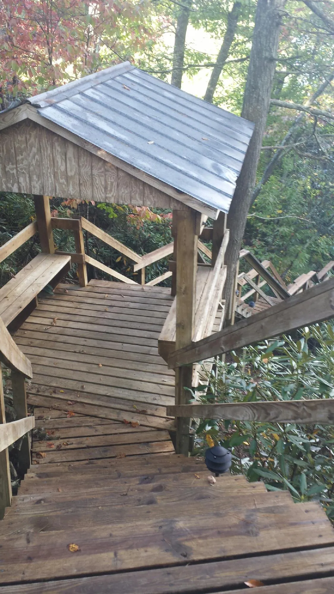 Metal roofed shelter over wooden steps on a wooded walkway — Skylight Repair & Installation work by our crew in Bacliff
